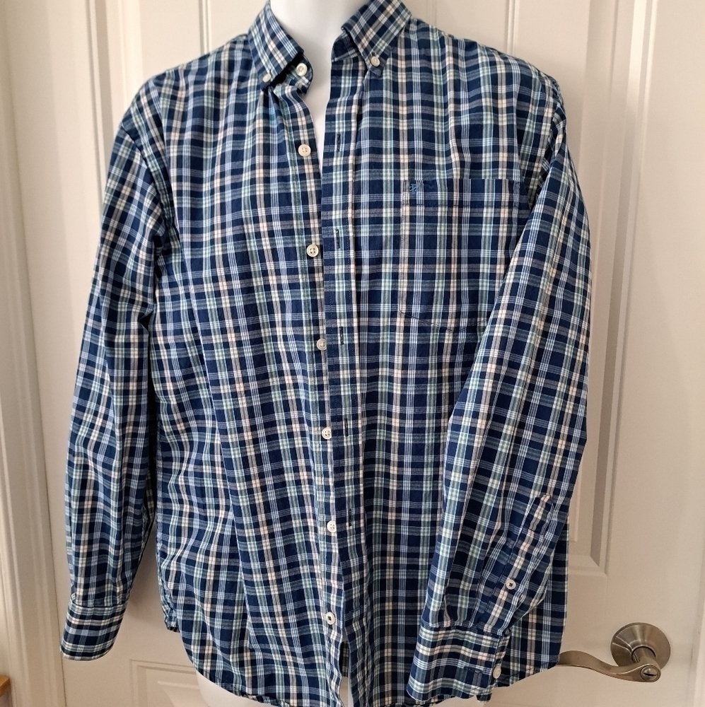 mens IZOD button down plaid check shirt blues Preppy western Med